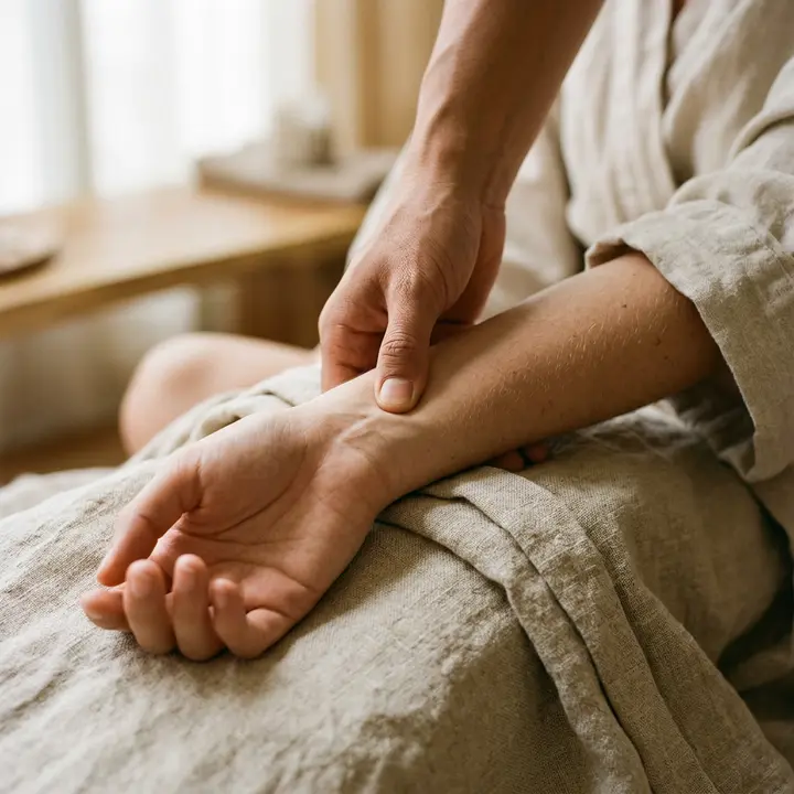Therapist pressing a point on the inside of a client's wrist