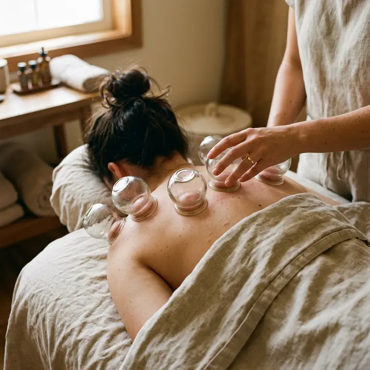 Therapist placing glass suction cups along a woman's upper back during cupping therapy