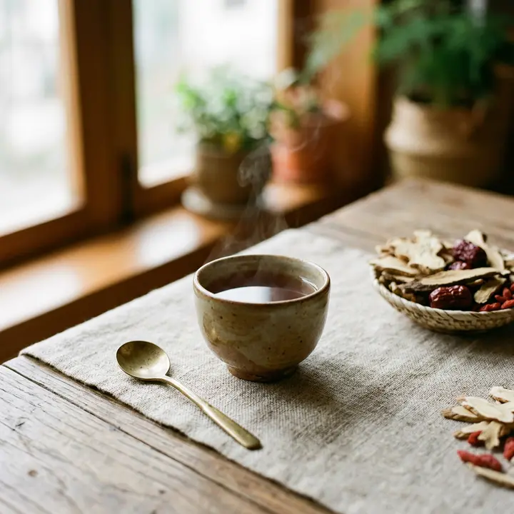 Cup of herbal tea with dried herbs and a spoon on a linen-covered table