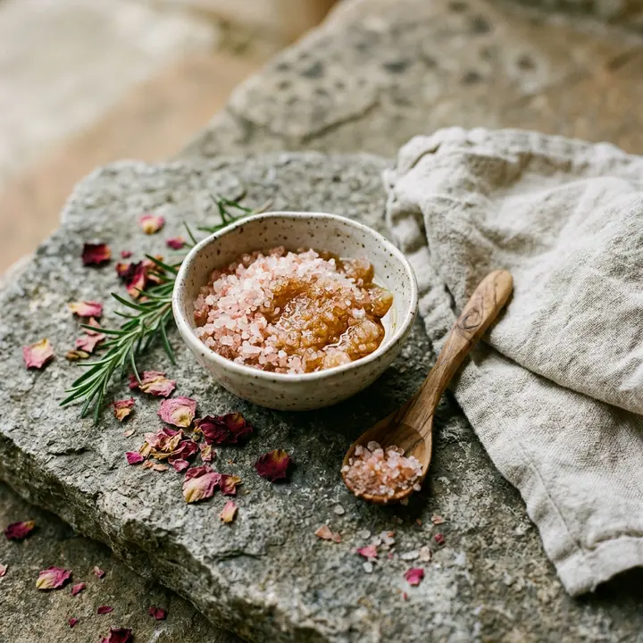 Bowl of pink salt scrub with rose petals and rosemary on a stone slab