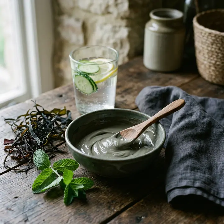 Bowl of mineral clay with a wooden spoon, seaweed and a glass of cucumber water on a wooden table