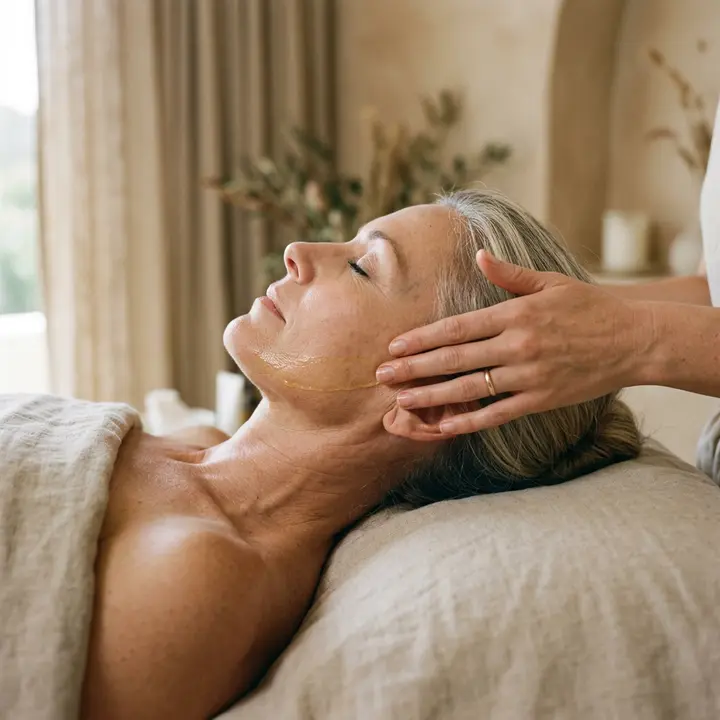 Hands massaging the temples and cheeks of a woman during a facial