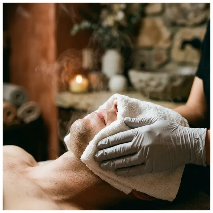 Gloved hands pressing a warm towel over a man's face by candlelight
