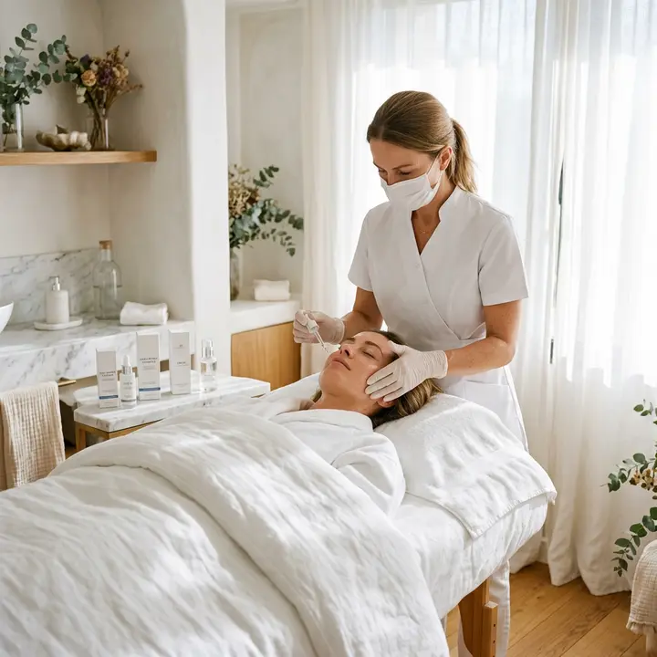 Esthetician in gloves applying a treatment to a client's face on a facial bed