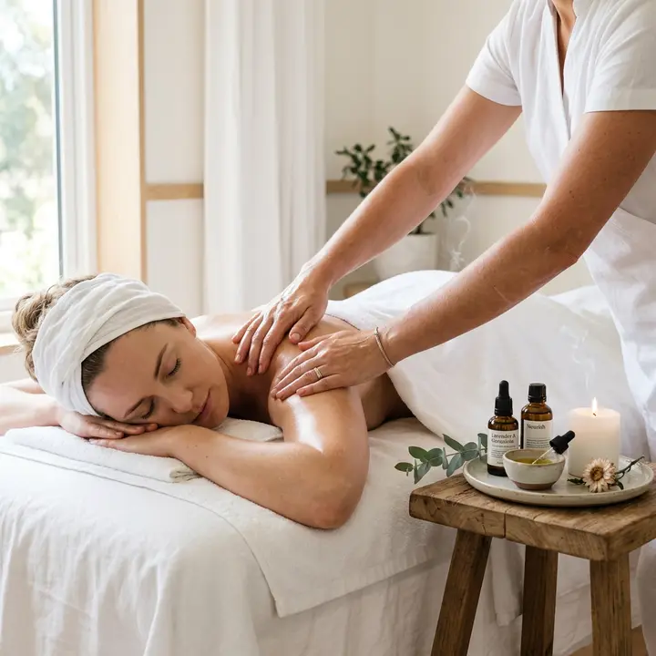 Therapist's hands on a client's upper back with oil bottles on a side table
