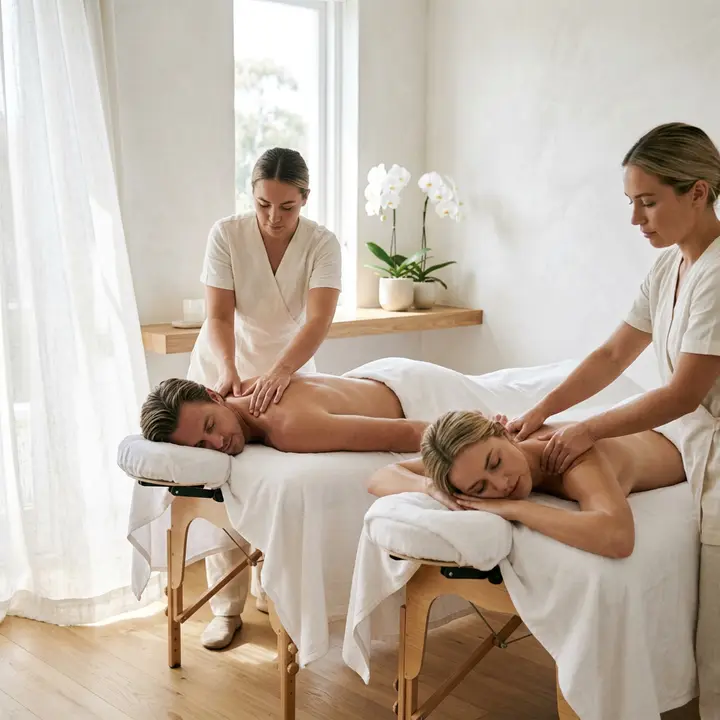 Couples massage room with two tables and candles