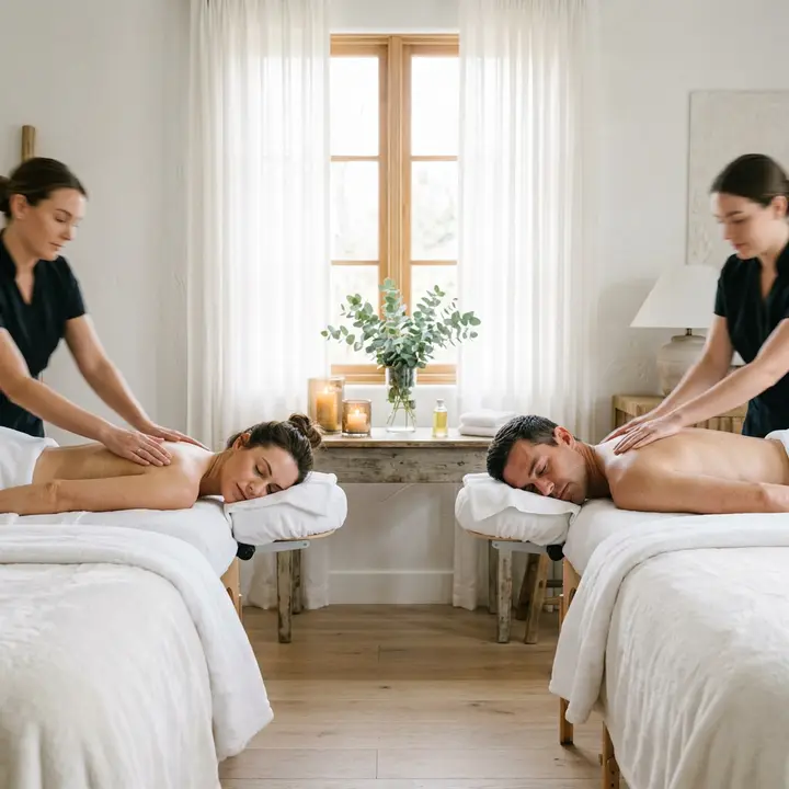 Daylight couples treatment suite with two tables prepared