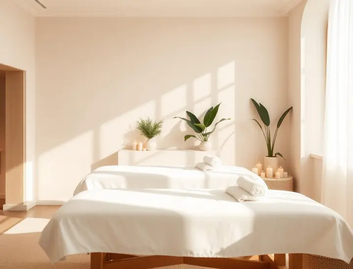 Sunlit treatment room with a made-up massage table, folded towels, candles and plants
