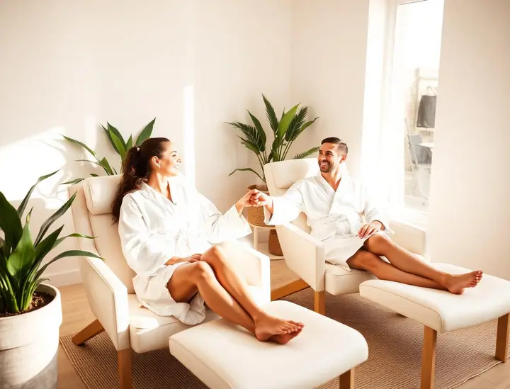 Couple in spa robes relaxing in lounge chairs by a sunny window