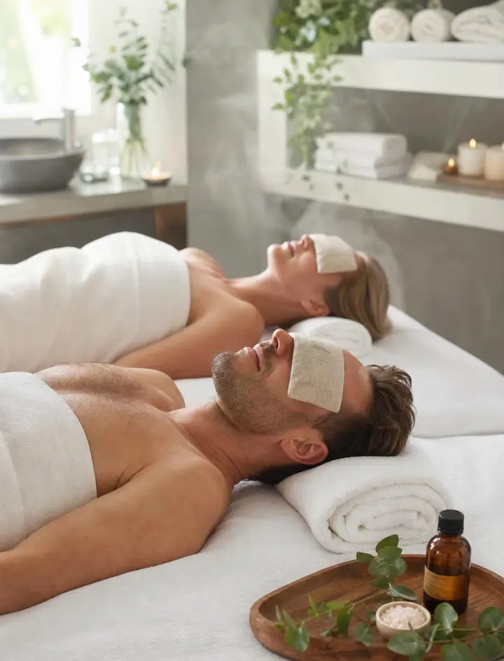 Couple lying side by side with warm eye compresses in a relaxation room