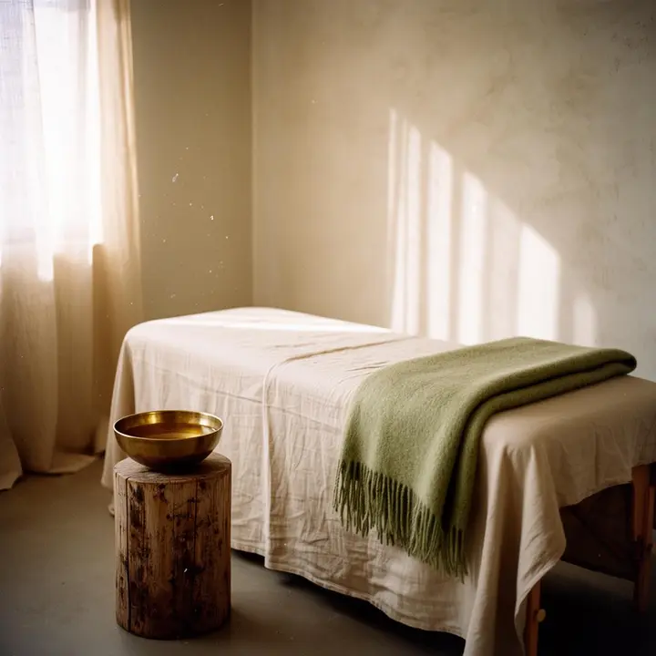 Massage treatment room prepared with fresh linen