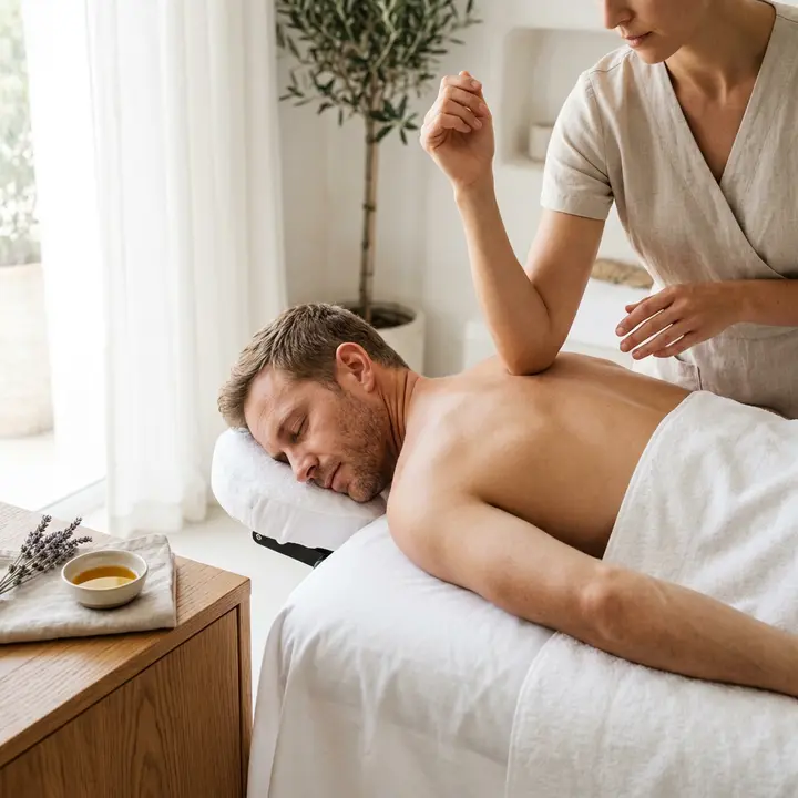 Therapist working a man's shoulder and upper back during a deep tissue massage