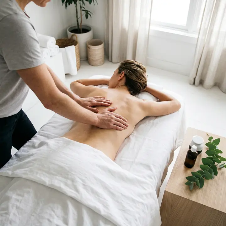 Close-up of a therapist's hands applying firm pressure to the mid-back of a client lying face down