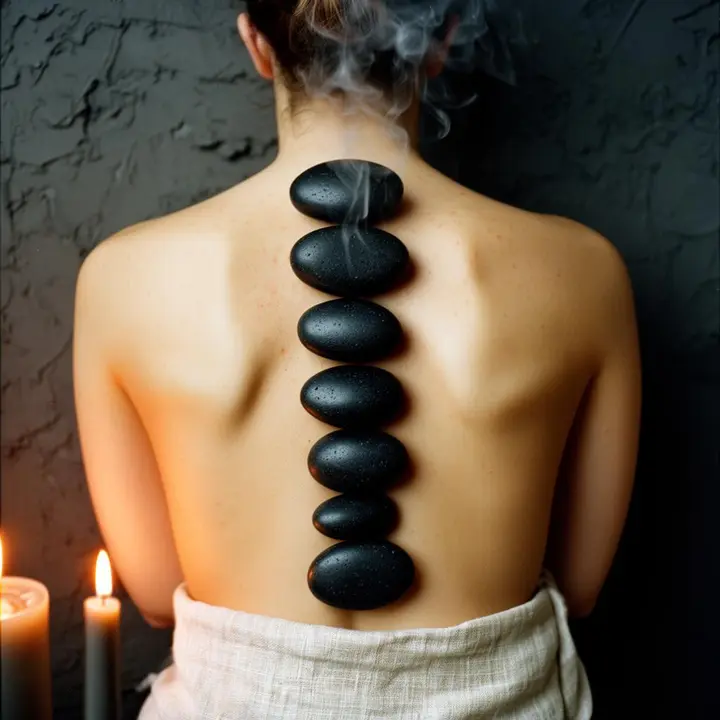 Smooth heated stones laid in a row along a guest's back during a hot stone massage