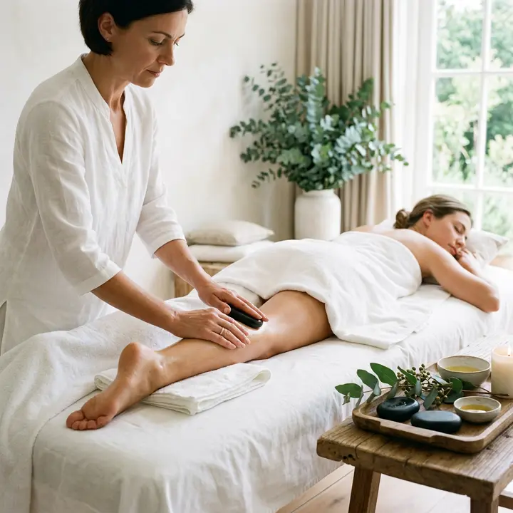 Therapist placing warm basalt stones along the spine of a client lying face down