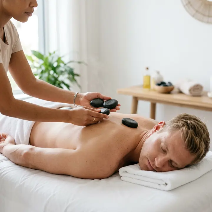 Smooth black basalt stones being placed on a man's back