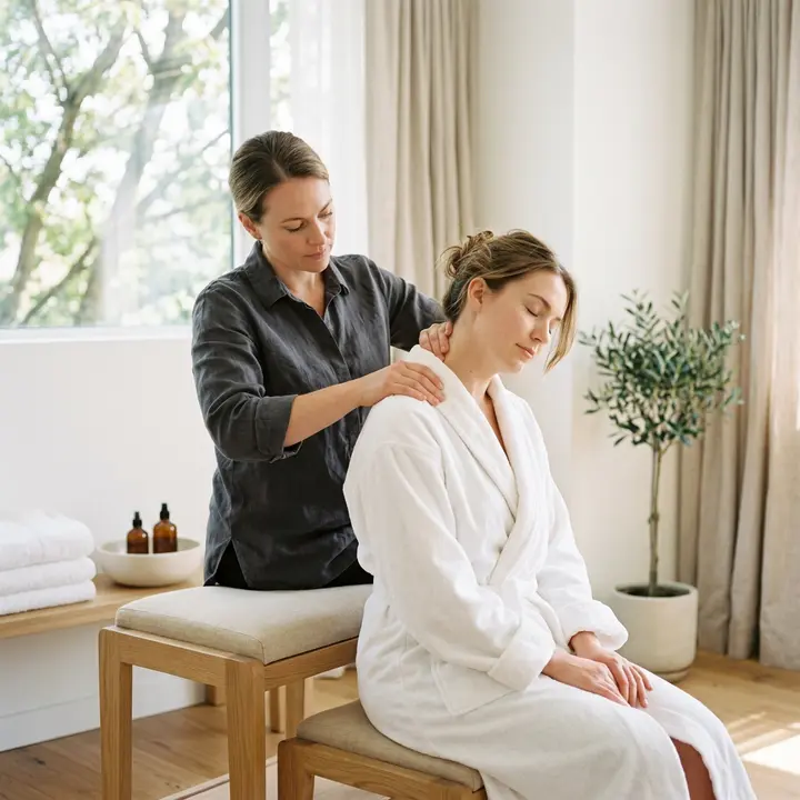 Woman in a robe seated while a therapist works her neck and shoulders