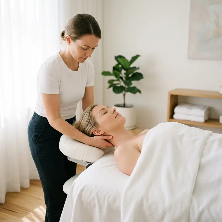 Therapist supporting a client's head and neck while she lies comfortably on her back