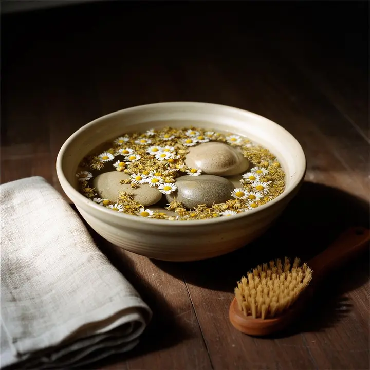 Bowl of foot-soak water with smooth stones and flower petals beside a brush and towel