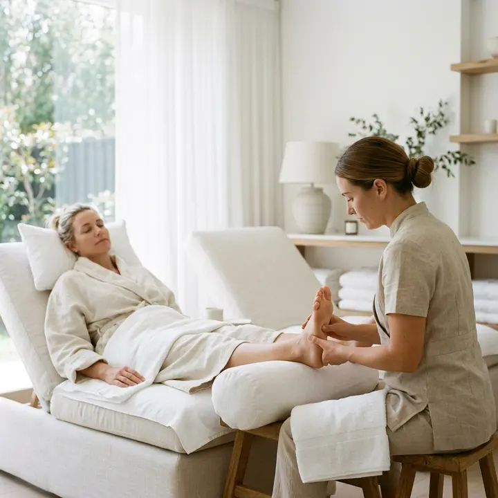 Therapist massaging the foot of a client reclining in a chair