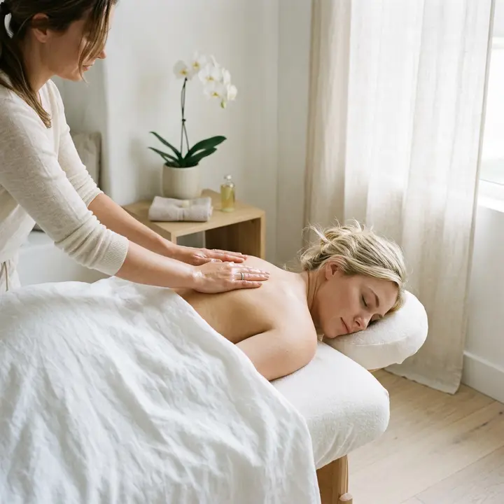 Therapist's hands resting lightly on a client's shoulders at the start of a gentle massage