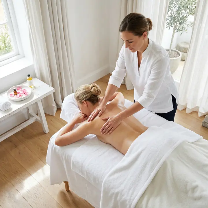 Therapist gliding both hands along a client's back during a Swedish-style massage in a bright room