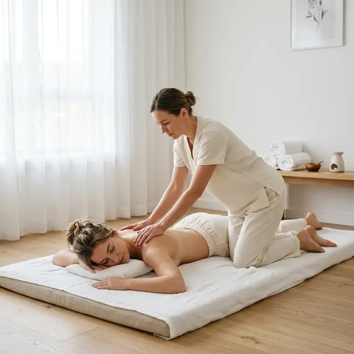 Therapist kneeling on a floor mat working on a client during a Thai massage