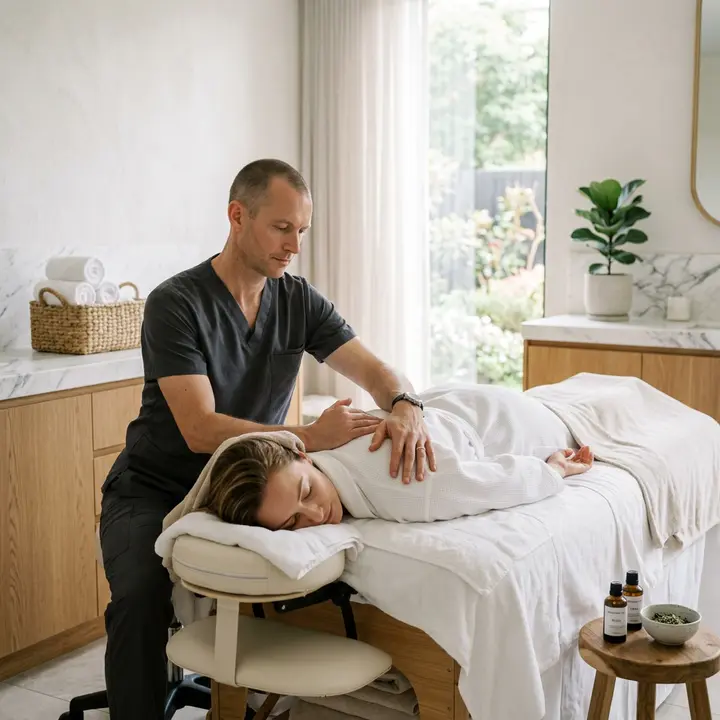Male therapist applying pressure to a client's upper back and shoulder during a tuina session