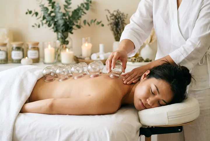 Row of glass cups on a client's back with candles lit in the treatment room