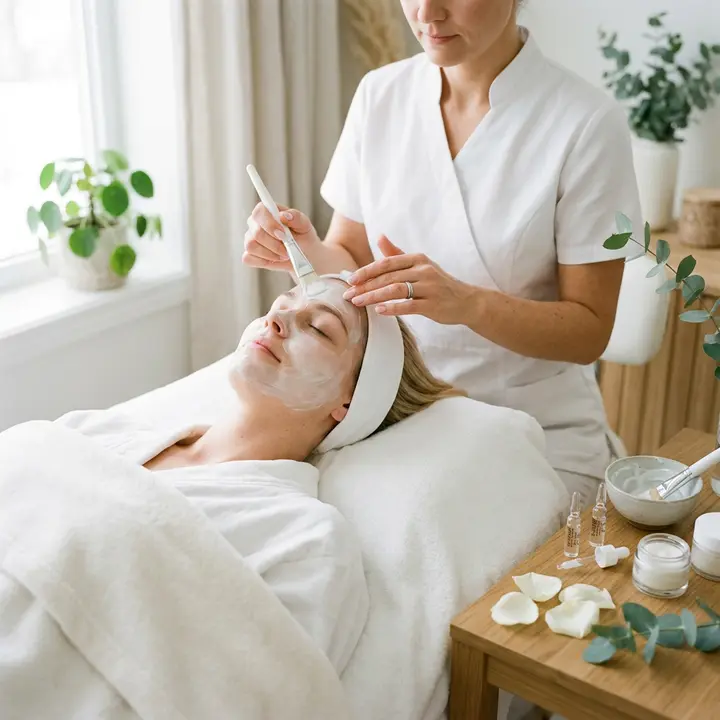 Facial treatment with a cooling mask applied in daylight