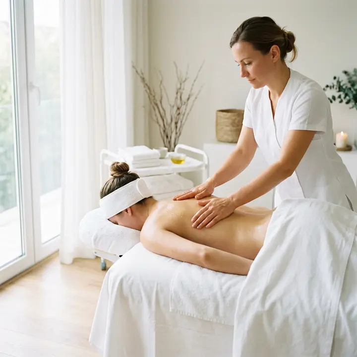 Therapist working along the back of a client lying face down on a massage table in a bright, plant-filled room